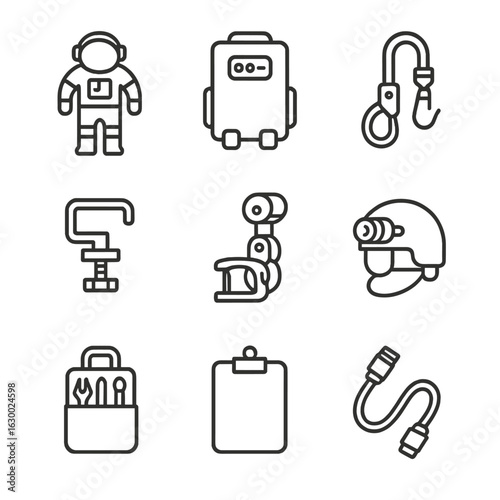 Spacewalk Equipment Icons. Outline icon set of spacewalk equipment: EMU spacesuit, SAFER pack, safety tether, handrail clamp, foot