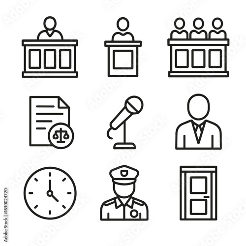 Courtroom Icon Set. Outline icon set of courtroom elements: judge bench, witness stand, jury box, legal documents, microphone,