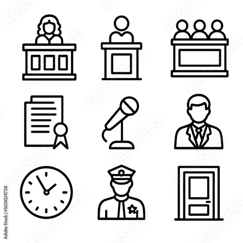 Courtroom Icon Set. Outline icon set of courtroom elements: judge bench, witness stand, jury box, legal documents, microphone,