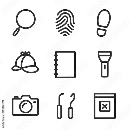Investigation Icon Set. Outline icon set of clue investigation tools: magnifying glass, fingerprint, footprint, detective hat,