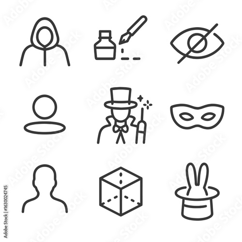 Invisibility Icon Set. Outline icon set of invisibility: cloaked figure, invisible ink, hidden eye, shadow fade, disappearing act,