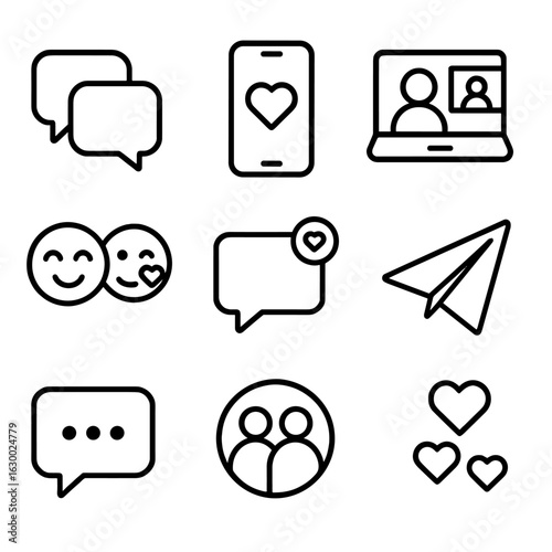 Digital Communication Icons. Outline icon set of digital communication methods in relationships: chat messages