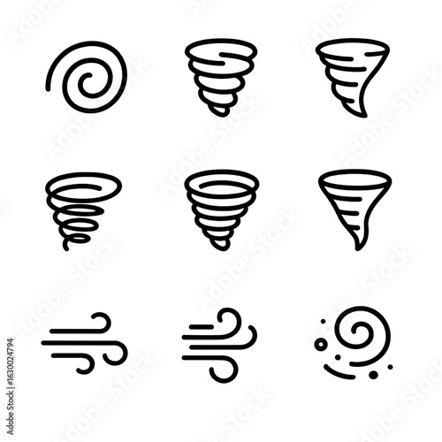 Spinning Winds Icon Set. Outline icon set of spinning winds: vortex, whirlwind, dust devil, tornado, cyclone, funnel cloud, gust,