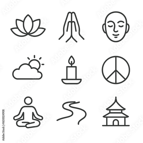 Spiritual Icons Grid. Outline icon set of spiritual relief and peace: lotus flower, prayer hands, serene face, open sky, candle,