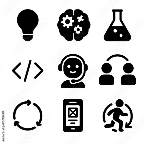 Digital Creativity Icons. Solid, filled icons set of digital creativity and innovation: idea bulb, brain with