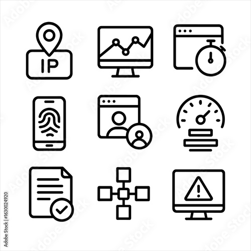 IP Analytics Icons. Outline icon set of IP address analytics: IP geolocation, traffic monitoring, session tracking, device