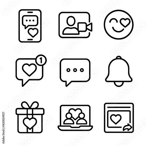 Digital Dating Icons. Outline icon set of social media and digital dating: smartphone chat, video call icon,