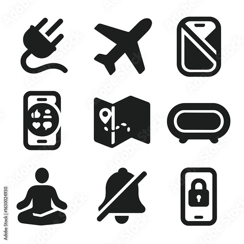 Digital Detox Icons. Solid, filled icons set of digital detox: unplugged plug, airplane mode, crossed-out
