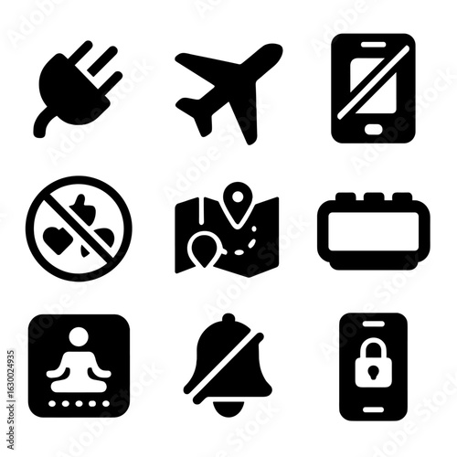 Digital Detox Icons. Solid, filled icons set of digital detox: unplugged plug, airplane mode, crossed-out
