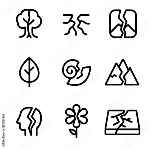 Split Nature and Emotions. Outline icon set of split nature: split tree trunk, cracked earth, parted river, split mountain,