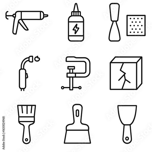 Crack Repair Tools Icons. Outline icon set of crack repair tools: sealant gun, epoxy resin, putty knife, sandpaper, welding torch,