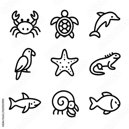 Island Wildlife Icons. Outline icon set of island wildlife: crab, turtle, dolphin, parrot, starfish, iguana, shark, hermit crab,