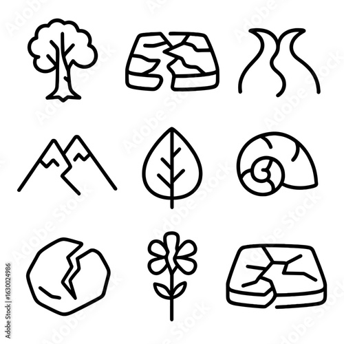 Split Nature and Emotions. Outline icon set of split nature: split tree trunk, cracked earth, parted river, split mountain,
