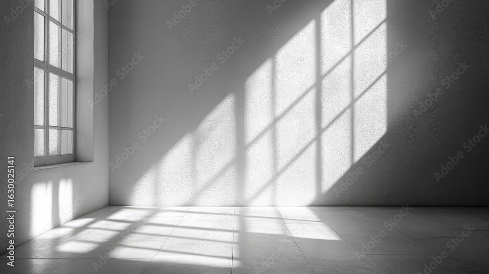 Fototapeta premium Sunlight streams through a window onto a white room
