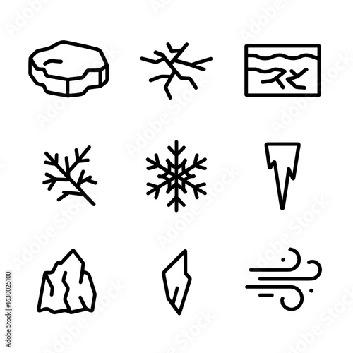 Crackling Ice Icon Set. Outline icon set of crackling ice: ice floe, cracked ice, frozen lake, frost, snowflake, icicle, glacier,