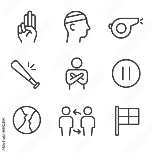 Sports Break Icons. Outline icon set of break in sports: time-out, injury, whistle blow, broken bat, disqualified, pause button,