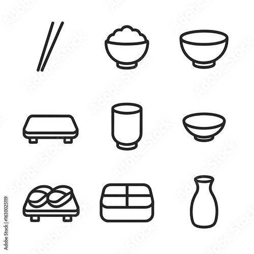 Japanese Tableware Icons. Outline icon set of Japanese tableware: chopsticks, rice bowl, miso bowl, lacquer tray, teacup, soy
