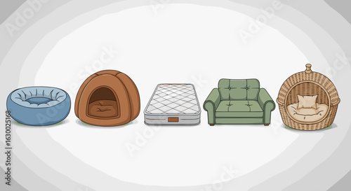 Illustration showing an assortment of pet beds including a mattress and a wicker hanging chair