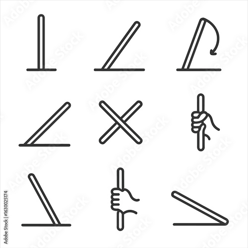 Staff Icon Set. Outline icon set of staff positions: held upright, rested on ground, twirling, pointed, crossed, raised high,