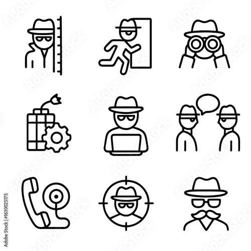Spy Mission Icons. Outline icon set of spy missions: infiltration, escape, reconnaissance, sabotage, intel gathering, secret