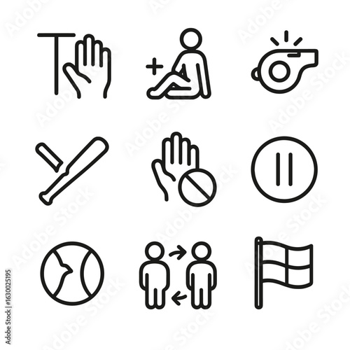 Sports Break Icons. Outline icon set of break in sports: time-out, injury, whistle blow, broken bat, disqualified, pause button,