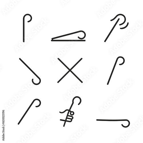Staff Icon Set. Outline icon set of staff positions: held upright, rested on ground, twirling, pointed, crossed, raised high,