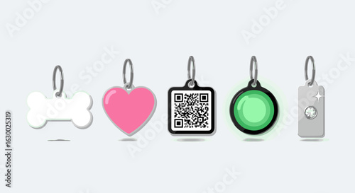 An illustration of five pet id tags in different shapes and colors hanging from metal rings in a row