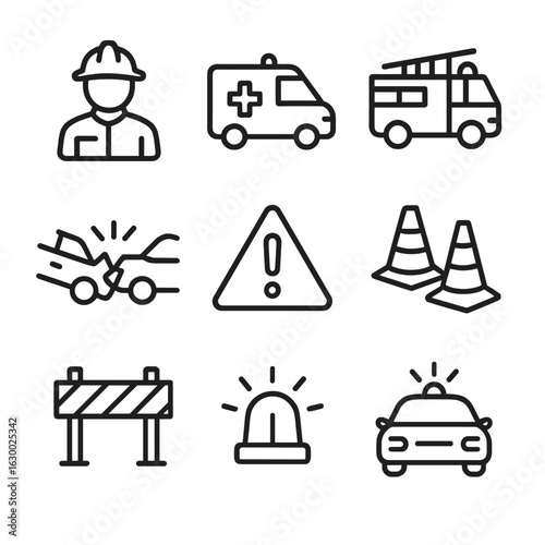 Crash Aftermath Icons. Outline icon set of crash aftermath: emergency response, ambulance, fire truck, police car, wreckage,