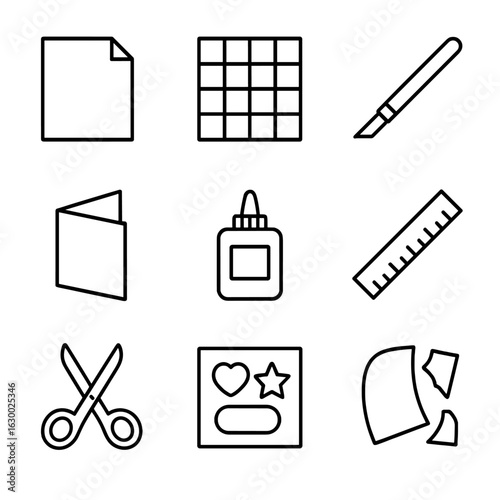Craft Icon Set. Outline icon set of paper cutting and crafts: paper sheet, cutting mat, craft knife, folded paper, glue bottle,