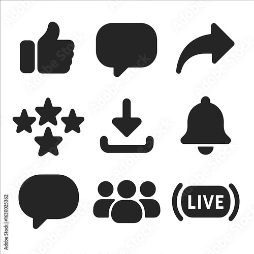 Digital Interaction Icons. Solid, filled icons set of digital art sharing and feedback: like button, comment