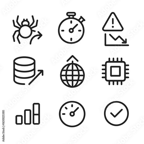 Crawler Metrics Icons. Outline icon set of crawler performance metrics: crawl rate, pages per second, error rate, data volume,