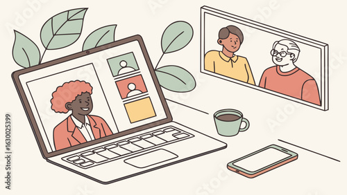 Laptop showing video call with coworkers and a framed picture on the wall in a light colored room