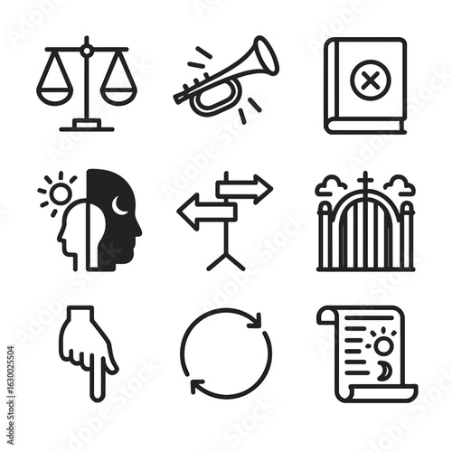 Judgment Icon Set. Outline icon set of judgment themes: scales of fate, judgment trumpet, sealed book, light vs dark, moral path,