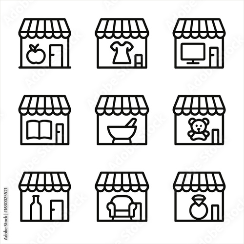 Store Icon Set. Outline icon set of store types: grocery store, clothing store, electronics store, bookstore, pharmacy, toy store,