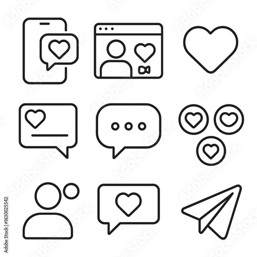 Digital Love Icons. Outline icon set of digital love communication: phone chat, video call window, heart