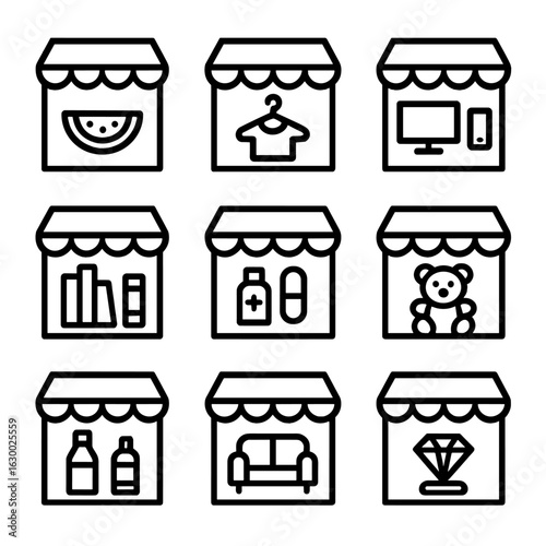 Store Icon Set. Outline icon set of store types: grocery store, clothing store, electronics store, bookstore, pharmacy, toy store,