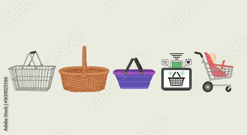Illustration of various shopping baskets and a shopping cart with a baby in a light background