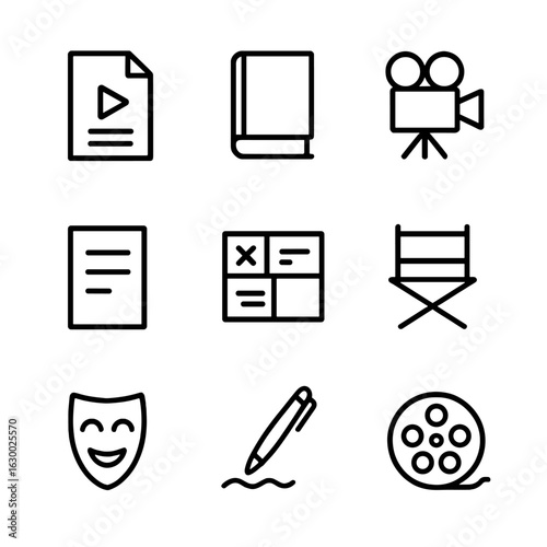 Storytelling Icon Set. Outline icon set of story adaptation: script icon, novel cover, screenplay lines, movie camera, storyboard,