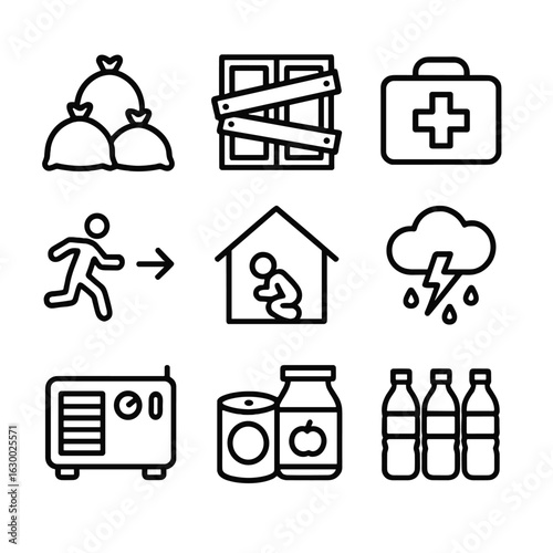 Storm Prep Icons. Outline icon set of storm preparations: sandbags, boarded windows, emergency kit, evacuation route, safety