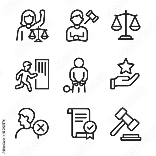 Icons of Justice and Agriculture. Outline icon set of trial outcomes: victory, defeat, draw, escape, punishment, reward, exile,