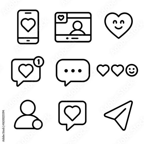 Digital Love Icons. Outline icon set of digital love communication: phone chat, video call window, heart