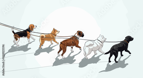 A group of five dogs of different breeds walking together on leashes in a line casting shadows on the ground