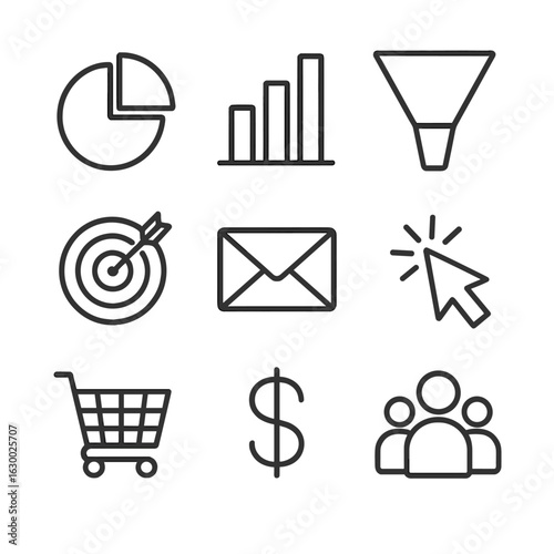 Digital Marketing Icons. Outline icon set of digital marketing stats: pie chart, bar graph, conversion funnel,