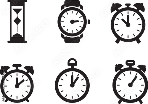 Timeless icons: hourglass, watch, alarms, stopwatch for time management
