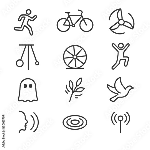 Kinetic and Presence Icons. Outline icon set of kinetic energy: running person, bicycle, turbine blades, flowing river, swinging