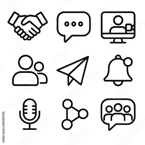 Digital Networking Icons. Outline icon set of digital networking: handshake, chat bubble, video call, user