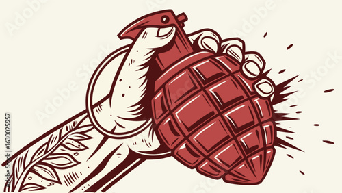 Hand holding grenade vector illustration explosive weapon danger power military warfare concept design