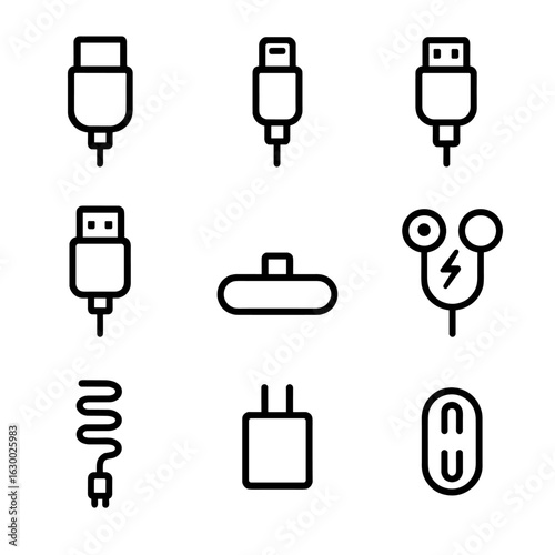 Charging Cables Icons. Outline icon set of charging cables and connectors: USB-C cable, Lightning cable, micro USB, USB-A cable,