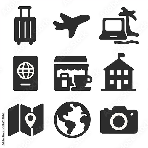 Digital Nomad Icons. Solid, filled icons set of digital nomad lifestyle: suitcase, airplane, beach laptop,