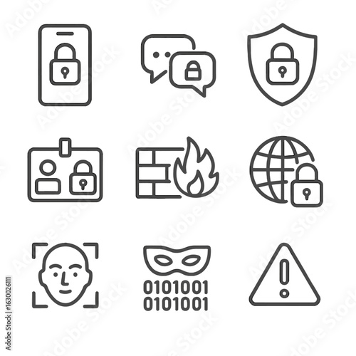 Digital Privacy Icons. Outline icon set of digital privacy tools: lock screen, encrypted messages, privacy